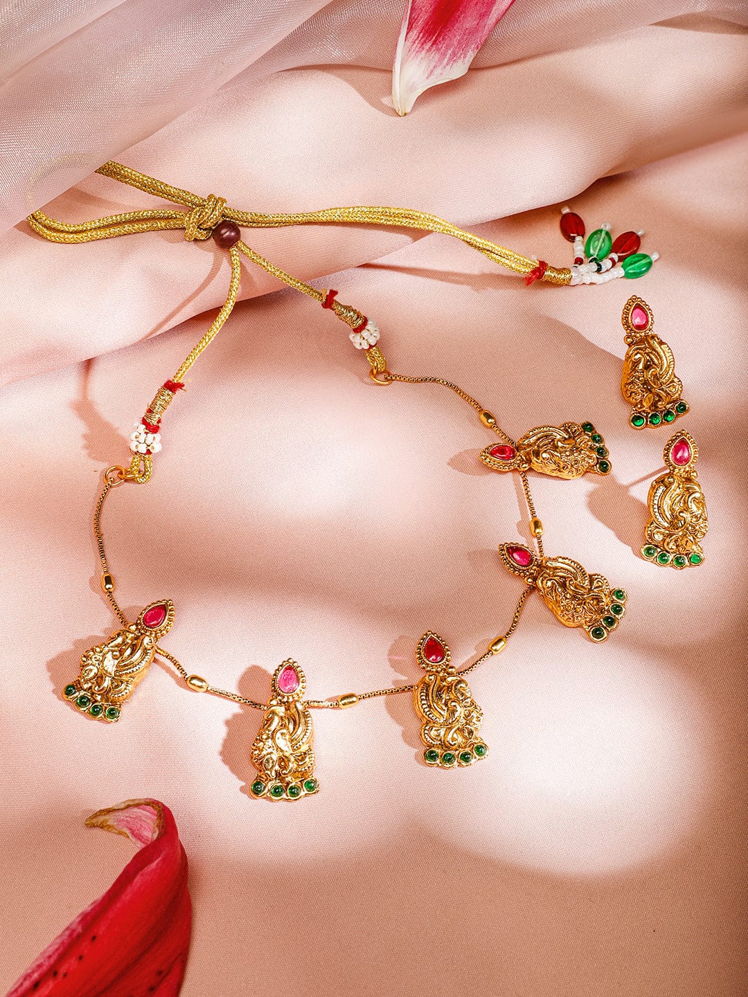 Rubans 18K Gold-Plated Ruby Pink & Emerald Green Studded Temple Necklace Set with Peacock & Floral Motifs for Women