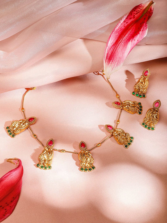 Rubans 18K Gold-Plated Ruby Pink & Emerald Green Studded Temple Necklace Set with Peacock & Floral Motifs for Women