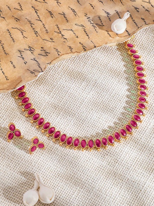 Rubans 18K Gold-Plated Ruby Pink Studded Traditional Necklace Set