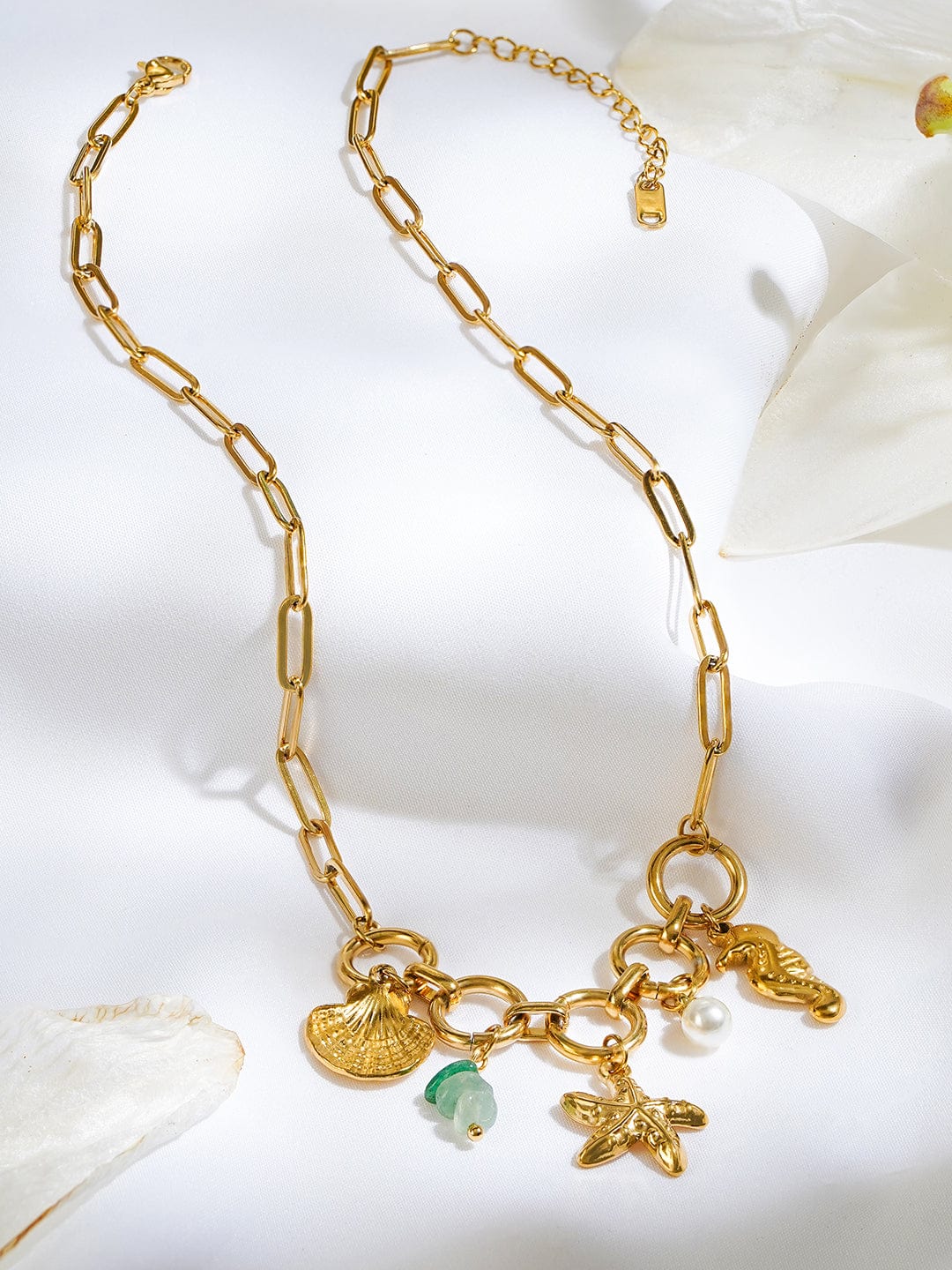 Rubans 18K Gold-Plated Sea Charm Design Brass Necklace with Green Beads & Pearl Detailing
