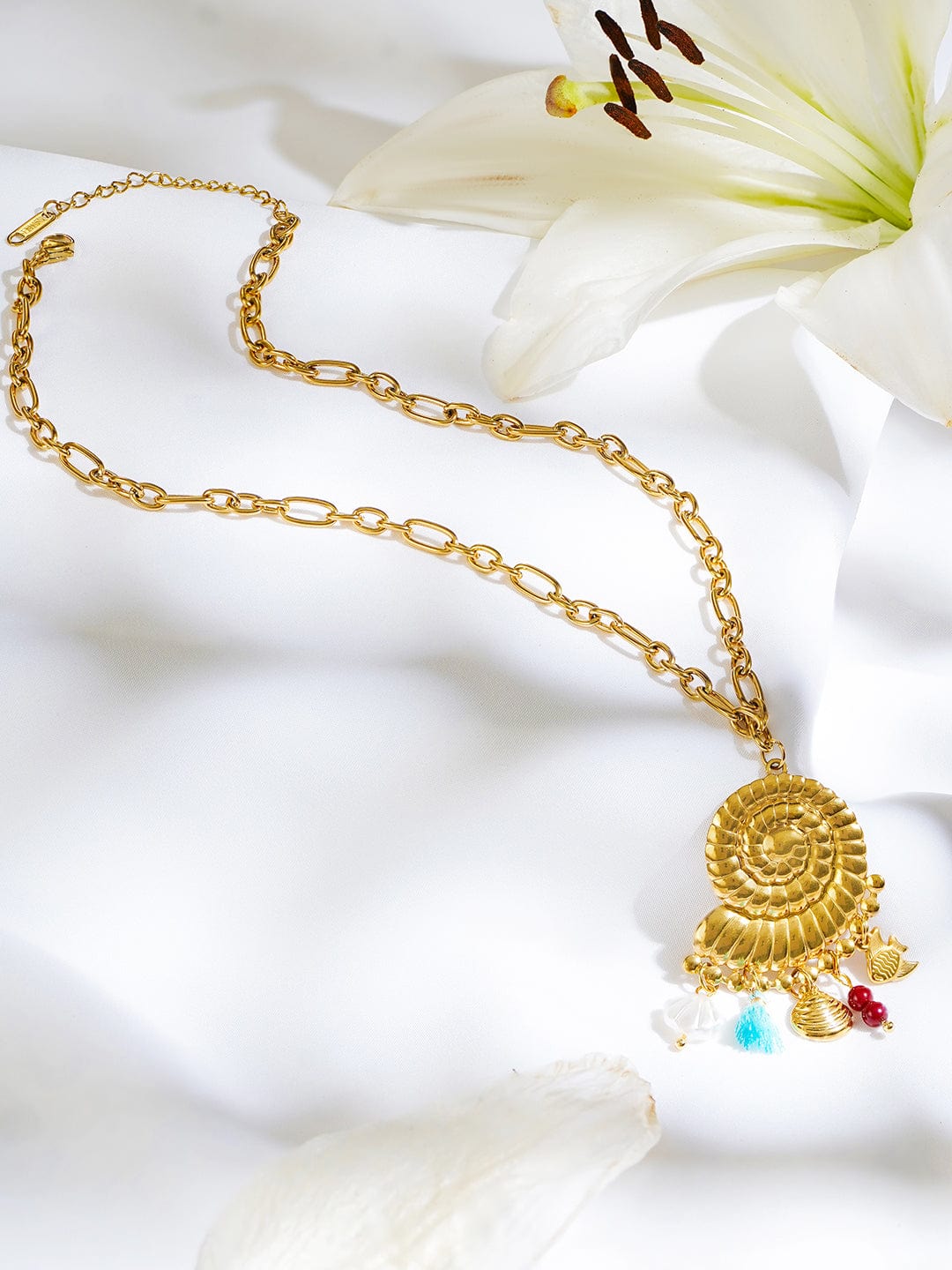 Rubans 18K Gold-Plated Spiral Shell Pendant Necklace with Multi-Coloured Beads & Charms Brass Chain