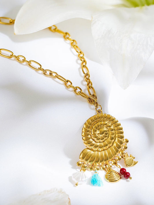 Rubans 18K Gold-Plated Spiral Shell Pendant Necklace with Multi-Coloured Beads & Charms Brass Chain
