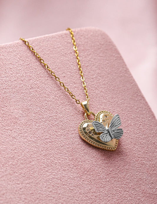 Rubans 18K Gold Plated Stainless Steel Tarnish-Free Waterproof Butterfly Heart Pendant Necklace