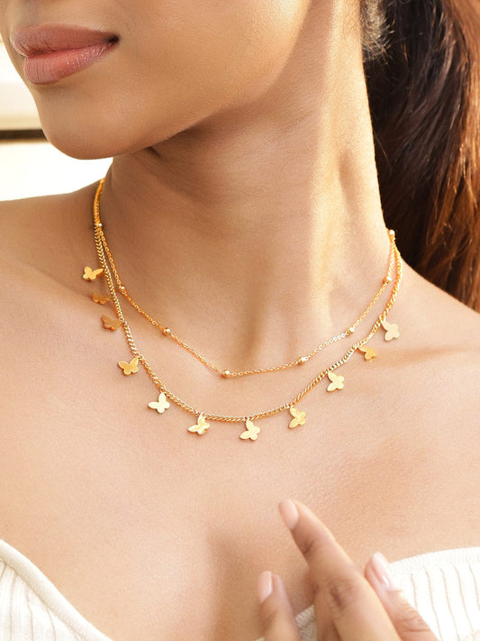 Rubans 18K Gold-Plated Stainless Steel Tarnish-Free Waterproof Butterfly Layered Necklace
