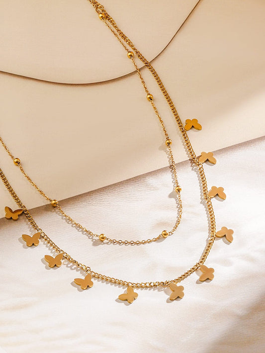 Rubans 18K Gold-Plated Stainless Steel Tarnish-Free Waterproof Butterfly Layered Necklace
