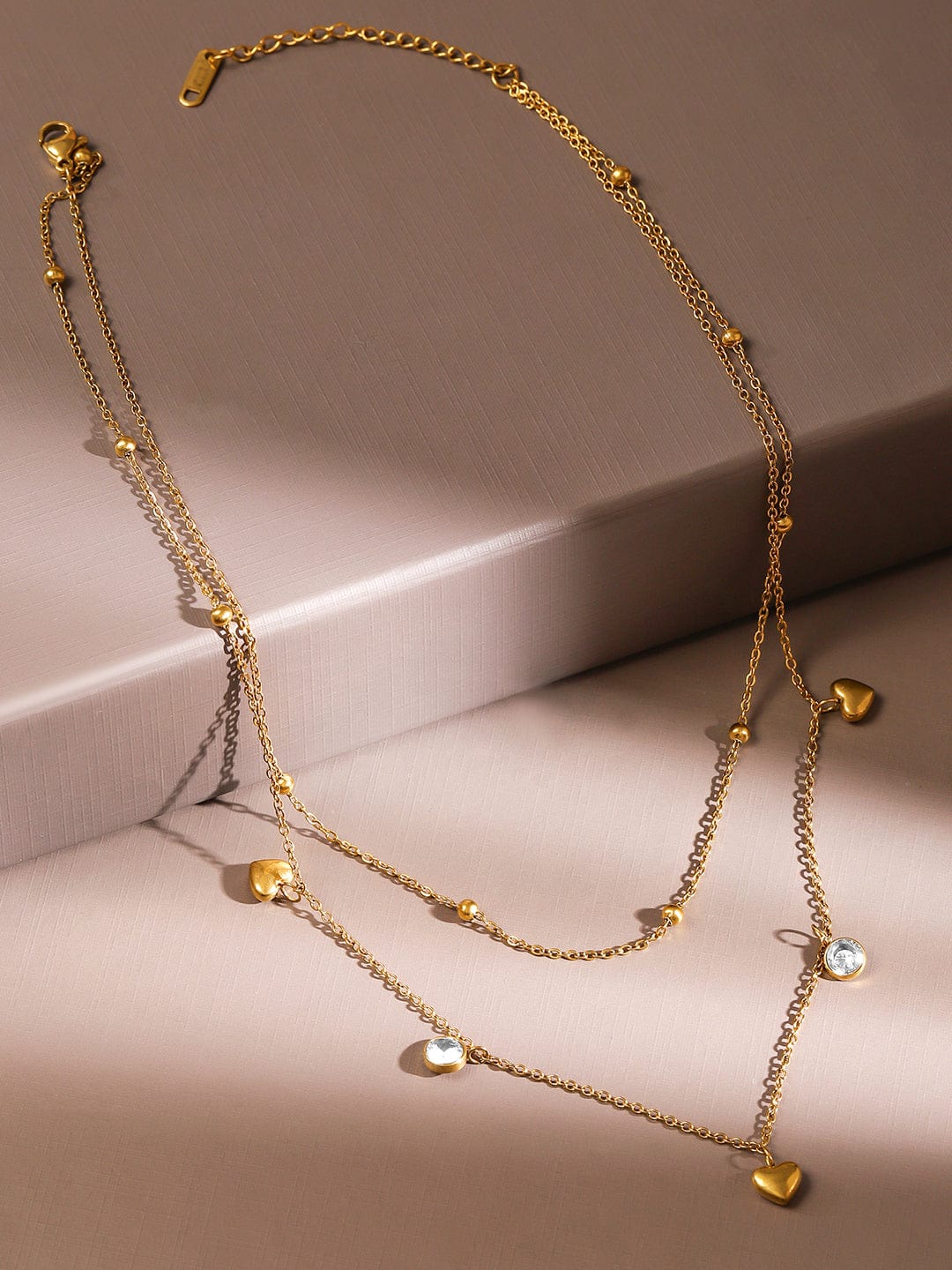 Rubans 18K Gold-Plated Stainless Steel Tarnish-Free Waterproof CZ Heart Layered Necklace