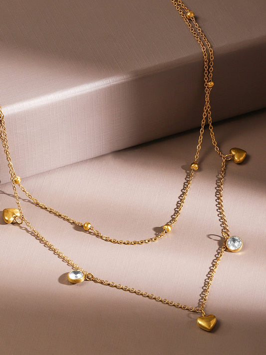 Rubans 18K Gold-Plated Stainless Steel Tarnish-Free Waterproof CZ Heart Layered Necklace