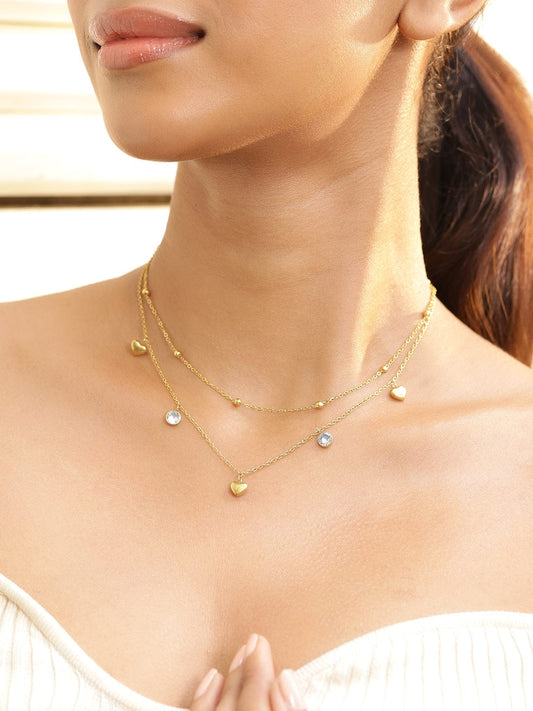 Rubans 18K Gold-Plated Stainless Steel Tarnish-Free Waterproof CZ Heart Layered Necklace