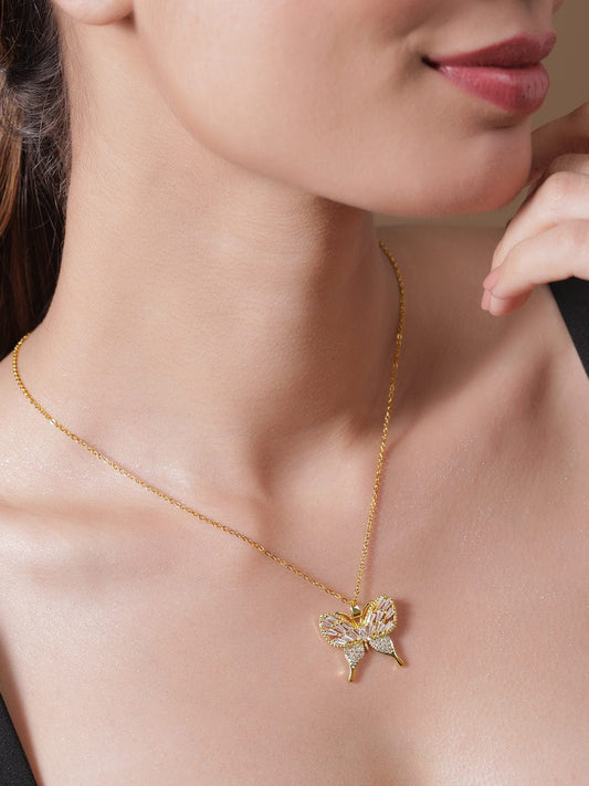 Rubans 18K Gold Plated Stainless Steel Tarnish-Free Waterproof CZ Studded Butterfly Necklace