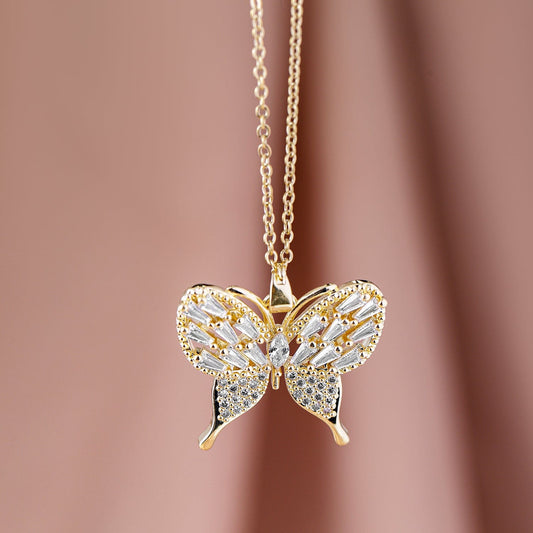 Rubans 18K Gold Plated Stainless Steel Tarnish-Free Waterproof CZ Studded Butterfly Necklace