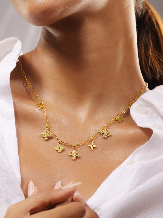 Rubans 18K Gold-Plated Stainless Steel Tarnish-Free Waterproof Floral Charm Chain Necklace