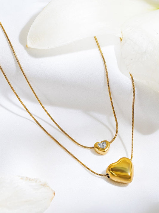 Rubans 18K Gold-Plated Stainless Steel Tarnish-Free Waterproof Heart Charm Double Layer Necklace with AD Studded Detailing