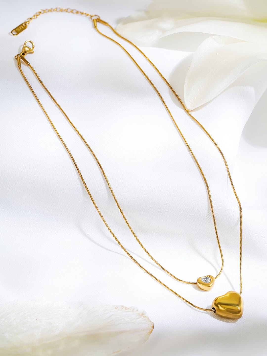 Rubans 18K Gold-Plated Stainless Steel Tarnish-Free Waterproof Heart Charm Double Layer Necklace with AD Studded Detailing
