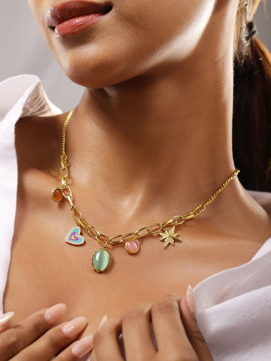 Rubans 18K Gold-Plated Stainless Steel Tarnish-Free Waterproof Multicolor Charm Necklace