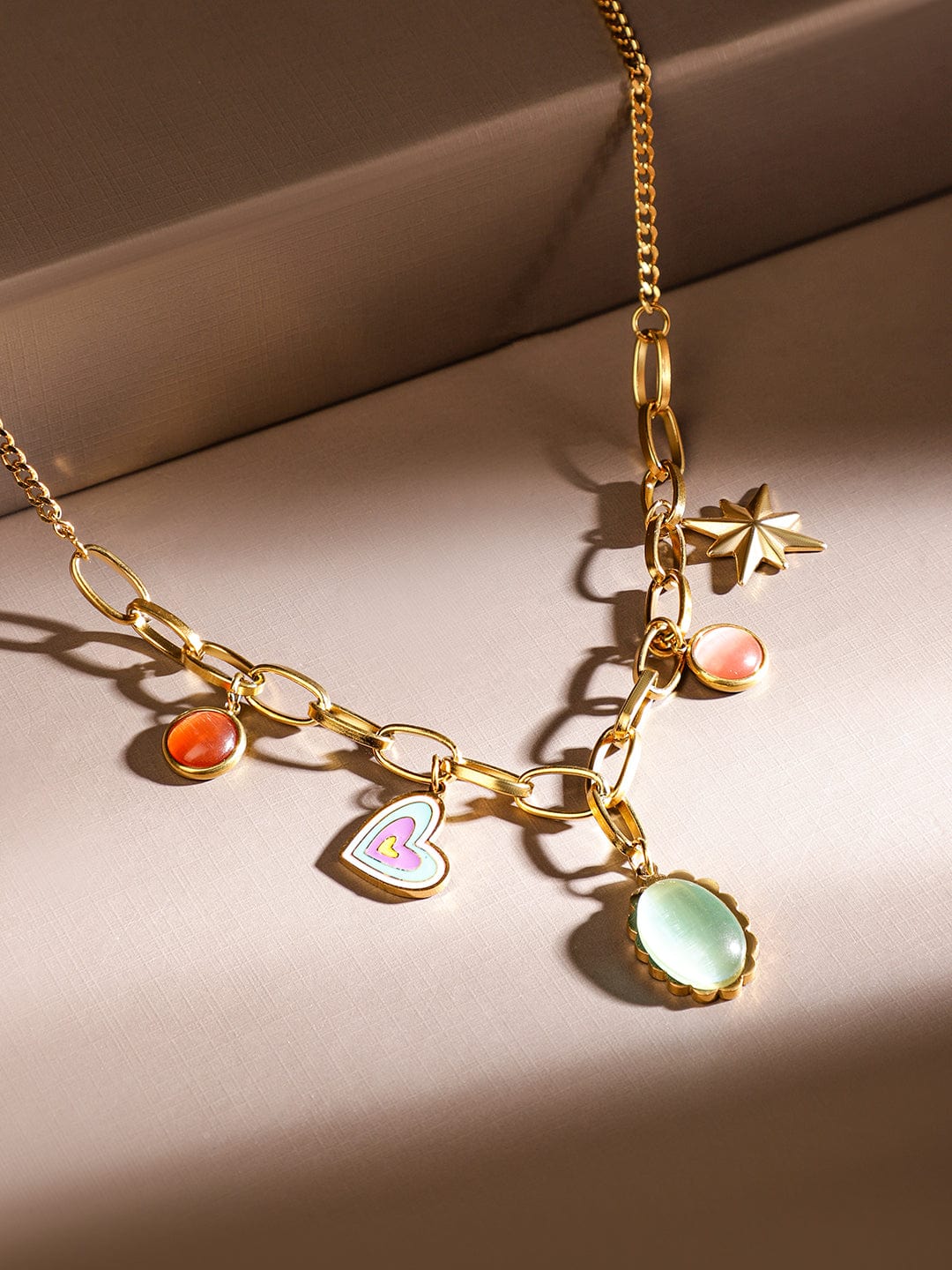 Rubans 18K Gold-Plated Stainless Steel Tarnish-Free Waterproof Multicolor Charm Necklace