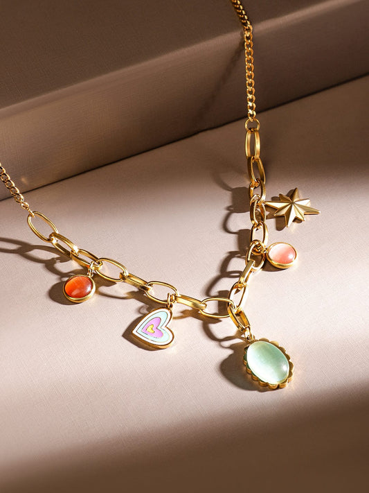 Rubans 18K Gold-Plated Stainless Steel Tarnish-Free Waterproof Multicolor Charm Necklace