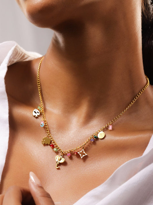 Rubans 18K Gold-Plated Stainless Steel Tarnish-Free Waterproof Multicolor Charm Necklace