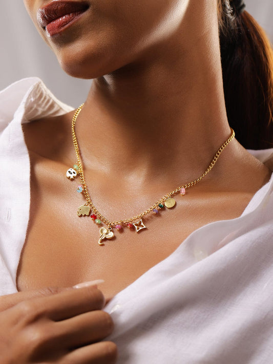 Rubans 18K Gold-Plated Stainless Steel Tarnish-Free Waterproof Multicolor Charm Necklace