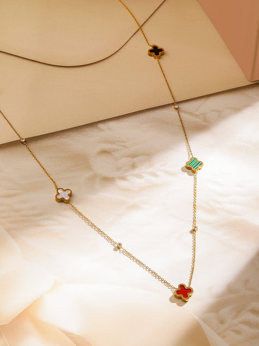 Rubans 18K Gold-Plated Stainless Steel Tarnish-Free Waterproof Multicolor Clover Necklace