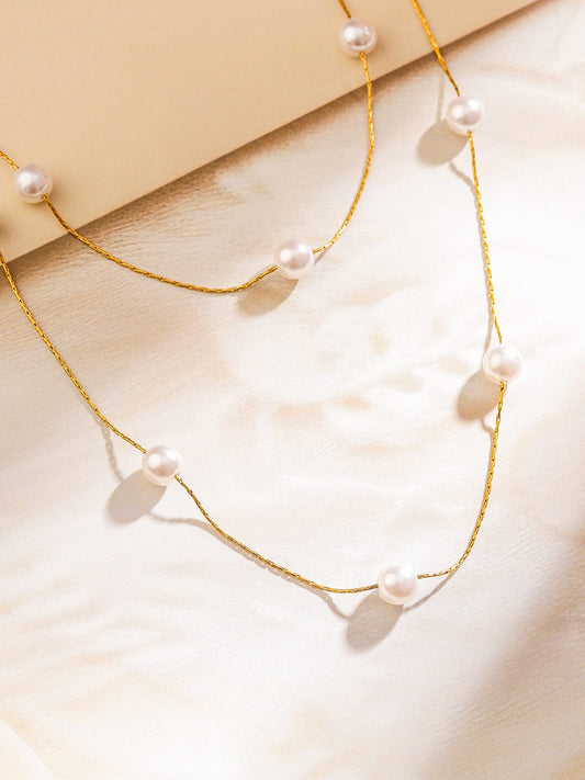 Rubans 18K Gold-Plated Stainless Steel Tarnish-Free Waterproof Pearl Beaded Layer Necklace