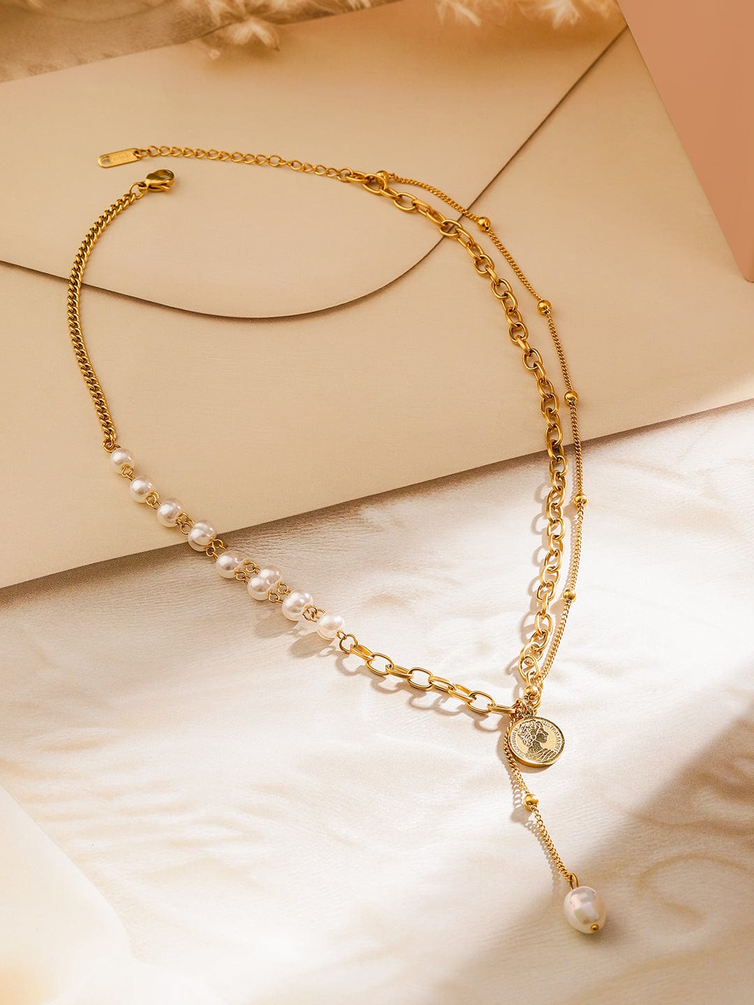 Rubans 18K Gold-Plated Stainless Steel Tarnish-Free Waterproof Pearl & Coin Chain Necklace