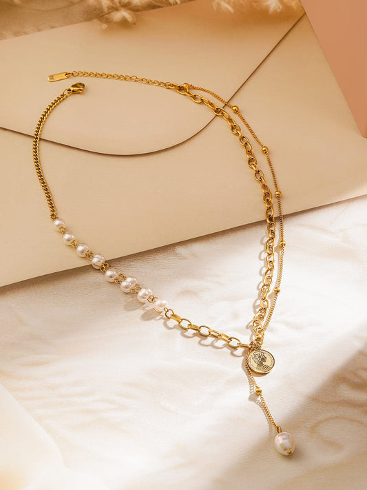Rubans 18K Gold-Plated Stainless Steel Tarnish-Free Waterproof Pearl & Coin Chain Necklace
