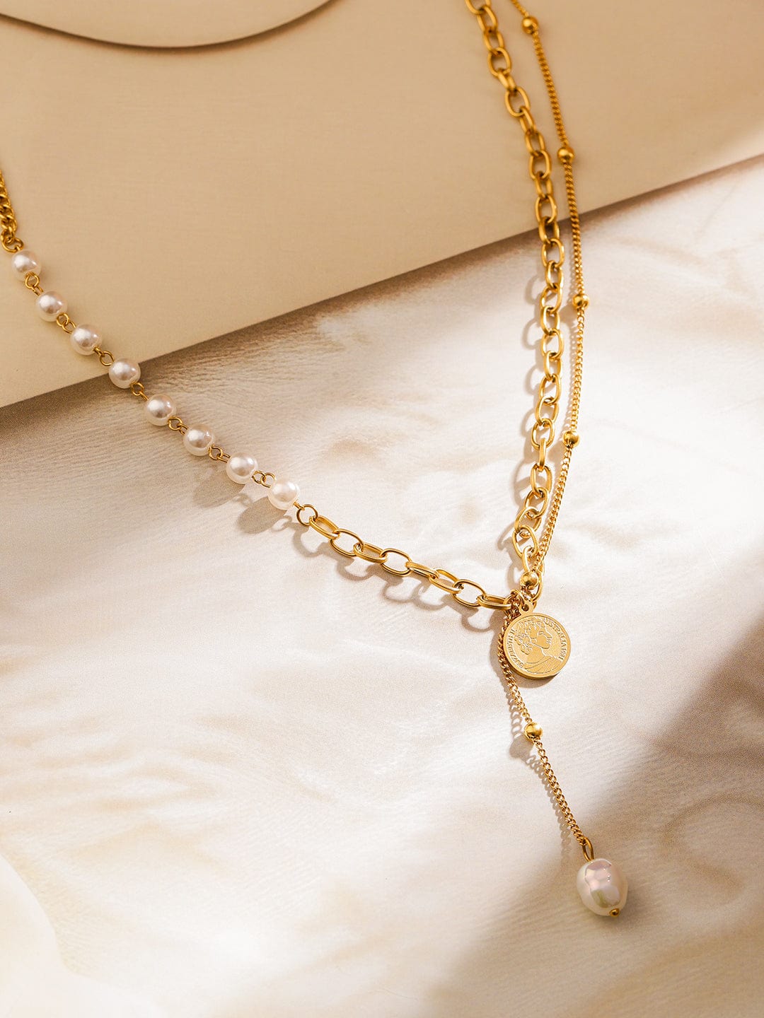 Rubans 18K Gold-Plated Stainless Steel Tarnish-Free Waterproof Pearl & Coin Chain Necklace