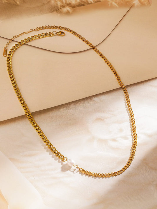 Rubans 18K Gold-Plated Stainless Steel Tarnish-Free Waterproof Pearl Detail Curb Necklace