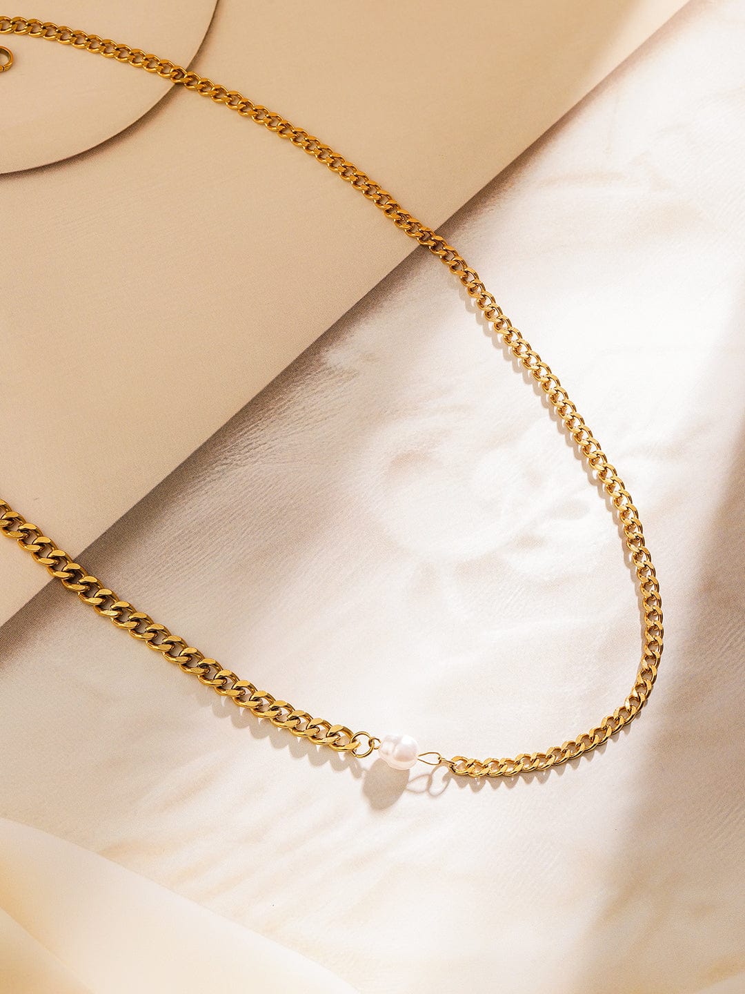 Rubans 18K Gold-Plated Stainless Steel Tarnish-Free Waterproof Pearl Detail Curb Necklace
