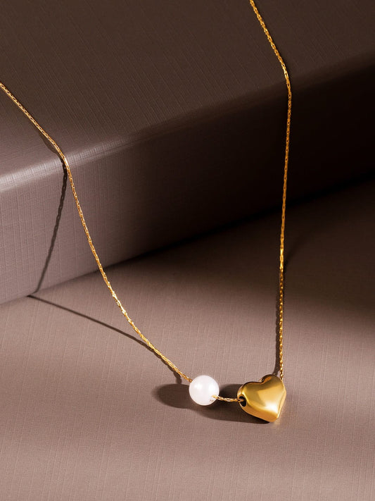 Rubans 18K Gold-Plated Stainless Steel TarnishFree Waterproof Heart & Pearl Charm Necklace