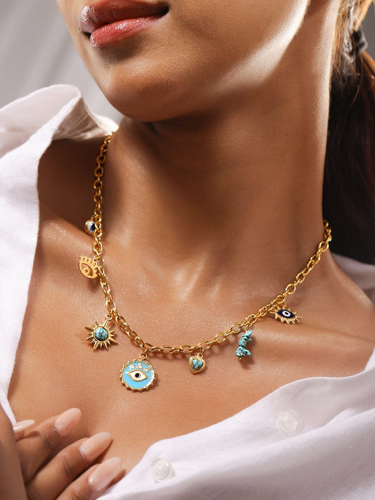 Rubans 18K Gold-Plated StainlessSteel TarnishFree Waterproof Evil Eye Charm Chain Necklace