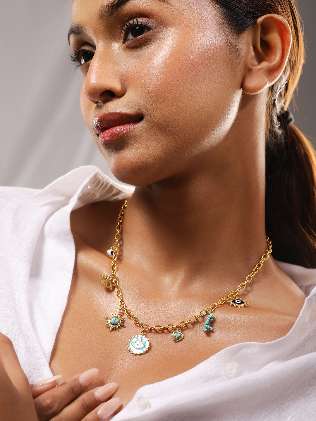 Rubans 18K Gold-Plated StainlessSteel TarnishFree Waterproof Evil Eye Charm Chain Necklace