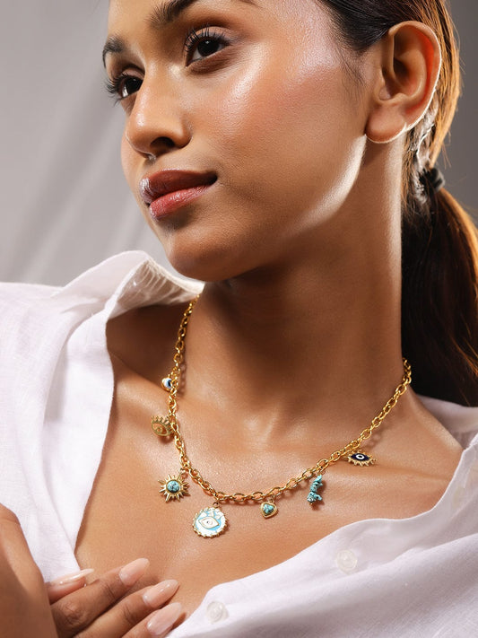 Rubans 18K Gold-Plated StainlessSteel TarnishFree Waterproof Evil Eye Charm Chain Necklace