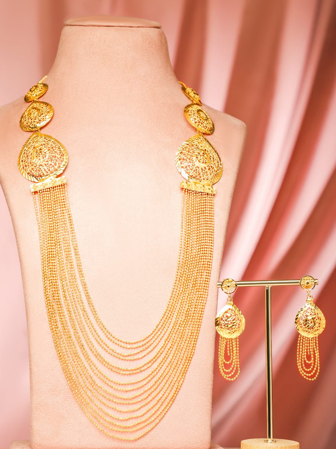 Rubans 18K Gold-Plated Textured Disc & Multi-Layer Beaded Statement Necklace Set for Women