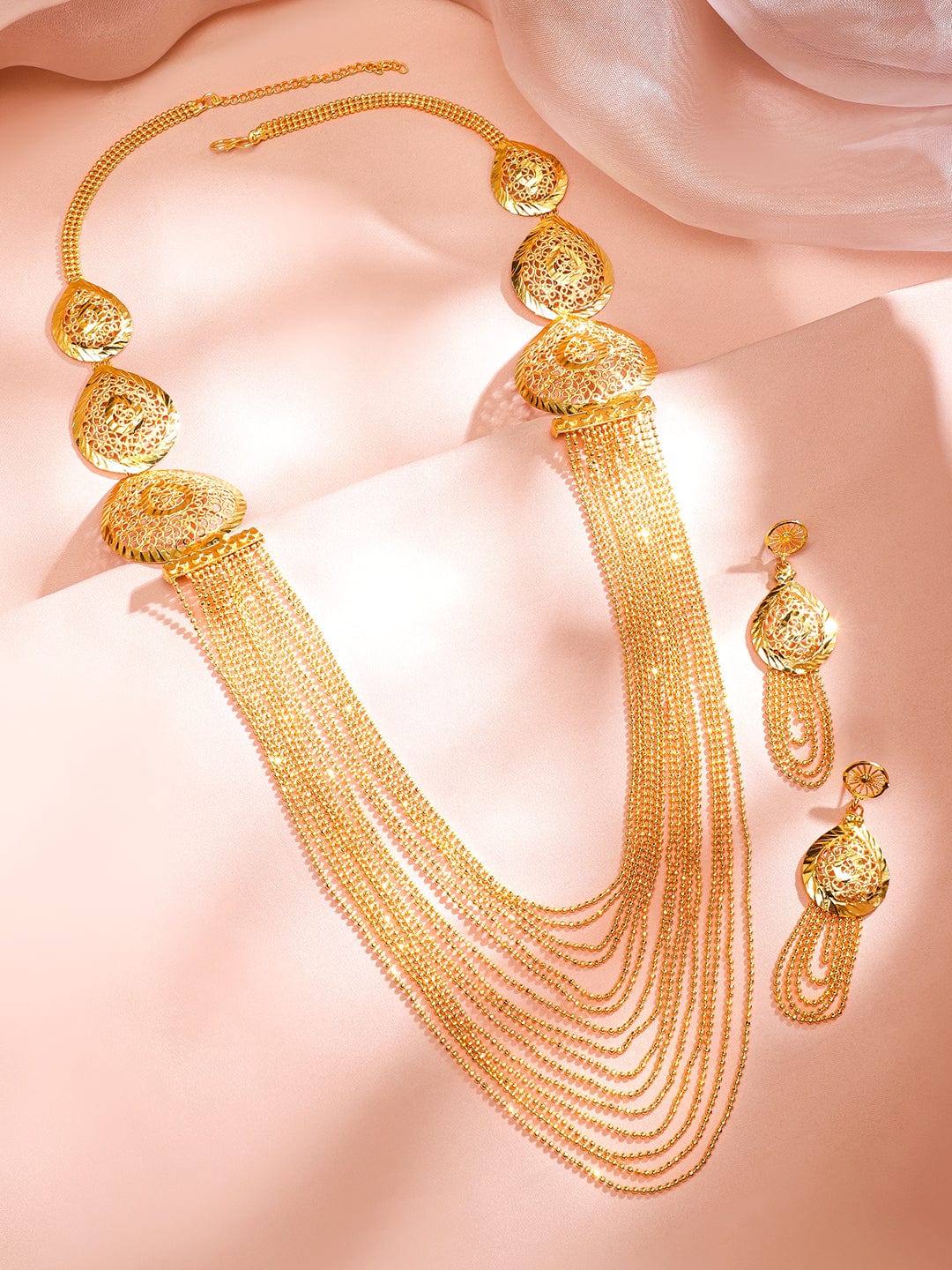 Rubans 18K Gold-Plated Textured Disc & Multi-Layer Beaded Statement Necklace Set for Women