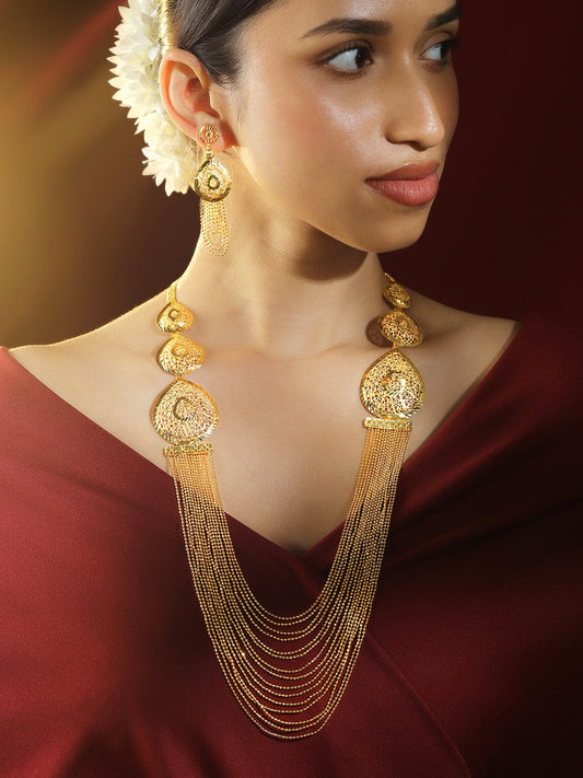 Rubans 18K Gold-Plated Textured Disc & Multi-Layer Beaded Statement Necklace Set for Women