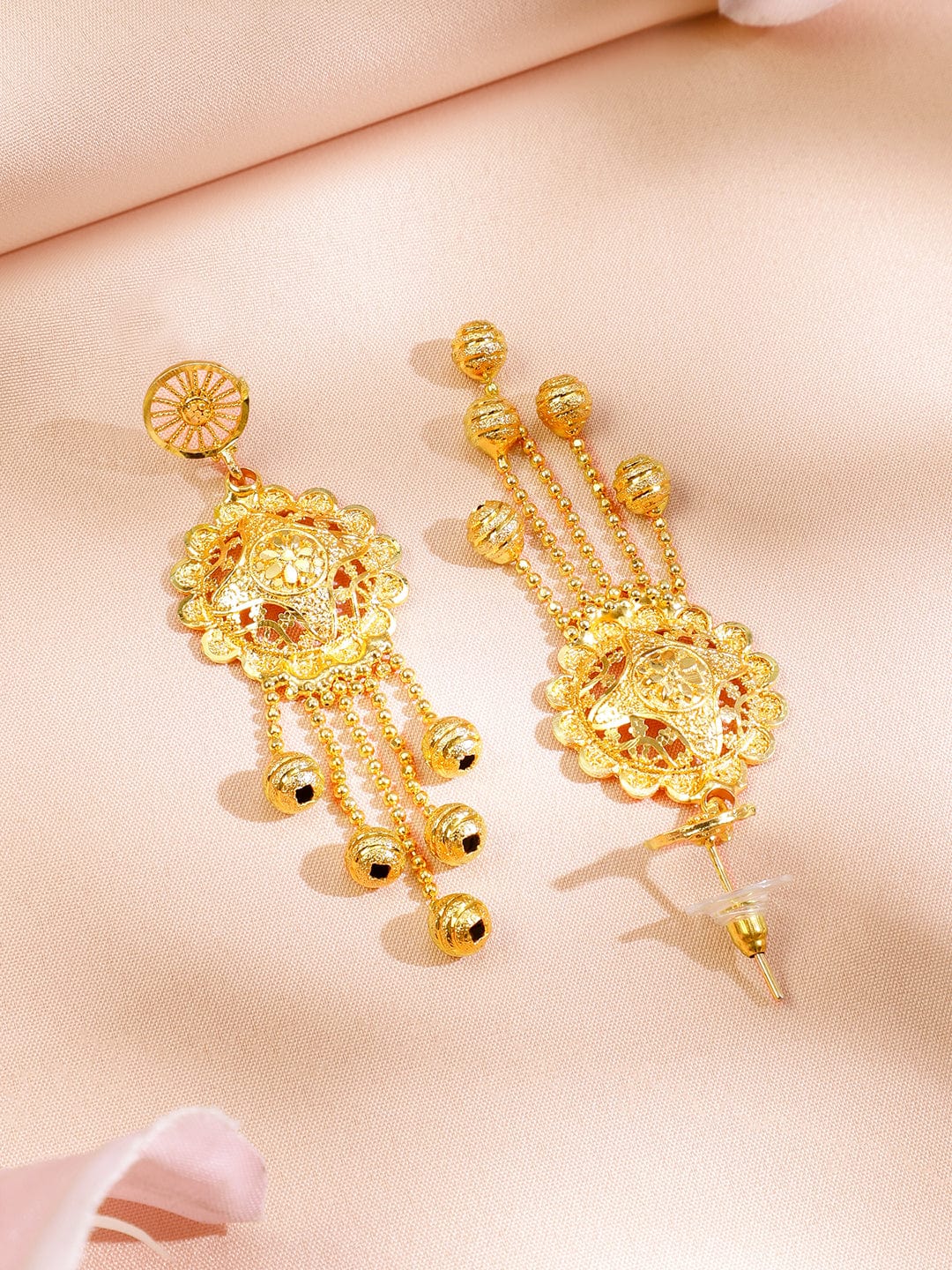 Rubans 18K Gold-Plated Traditional Necklace Set with Multilayer Gold Beads & Filigree Floral Design for Women