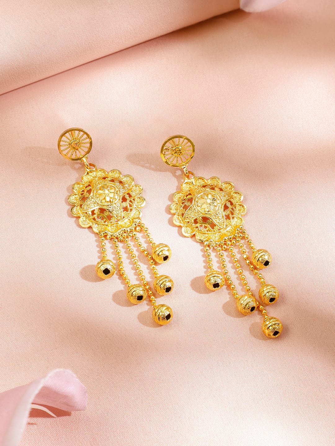 Rubans 18K Gold-Plated Traditional Necklace Set with Multilayer Gold Beads & Filigree Floral Design for Women