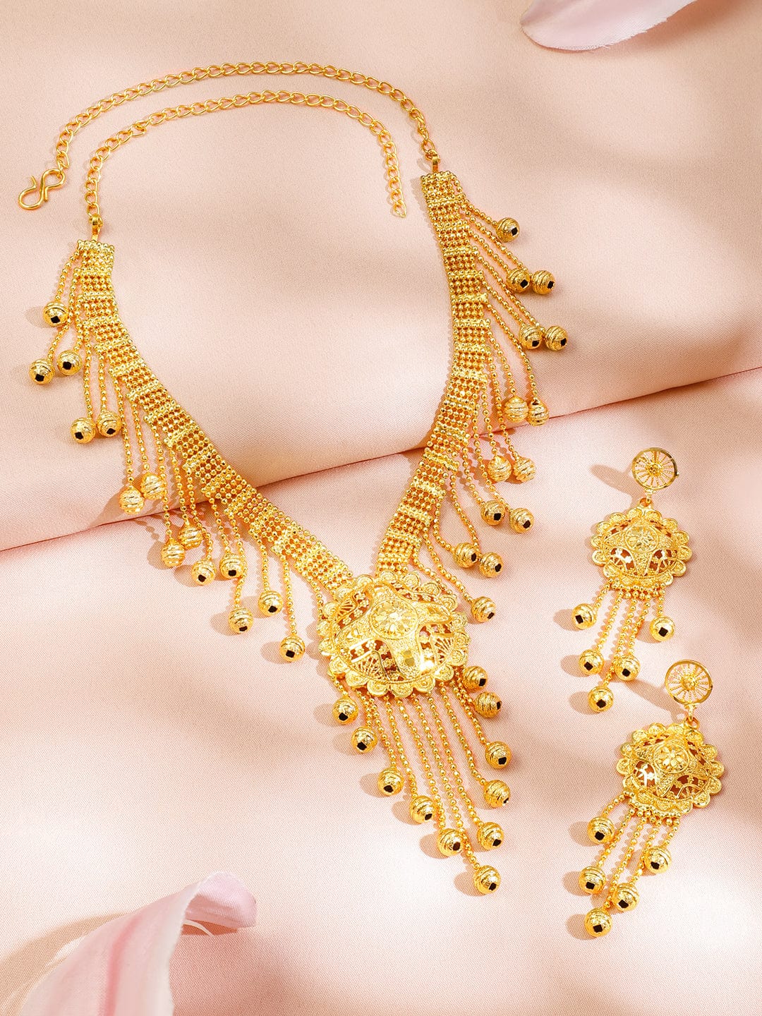 Rubans 18K Gold-Plated Traditional Necklace Set with Multilayer Gold Beads & Filigree Floral Design for Women