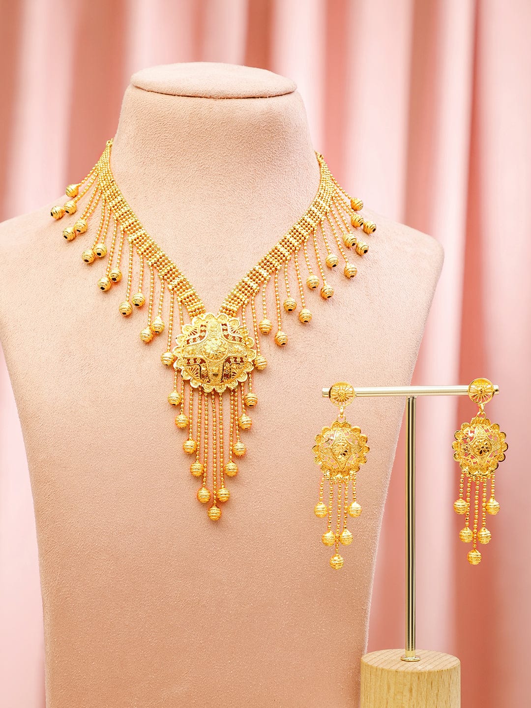 Rubans 18K Gold-Plated Traditional Necklace Set with Multilayer Gold Beads & Filigree Floral Design for Women