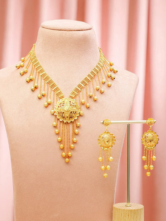 Rubans 18K Gold-Plated Traditional Necklace Set with Multilayer Gold Beads & Filigree Floral Design for Women