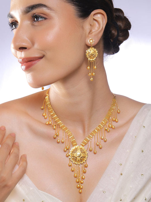 Rubans 18K Gold-Plated Traditional Necklace Set with Multilayer Gold Beads & Filigree Floral Design for Women