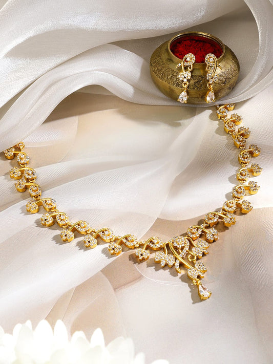 Rubans 18K Gold-Plated White Cubic Zirconia Studded Floral Vine Necklace Set