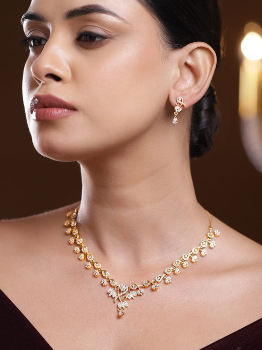 Rubans 18K Gold-Plated White Cubic Zirconia Studded Floral Vine Necklace Set
