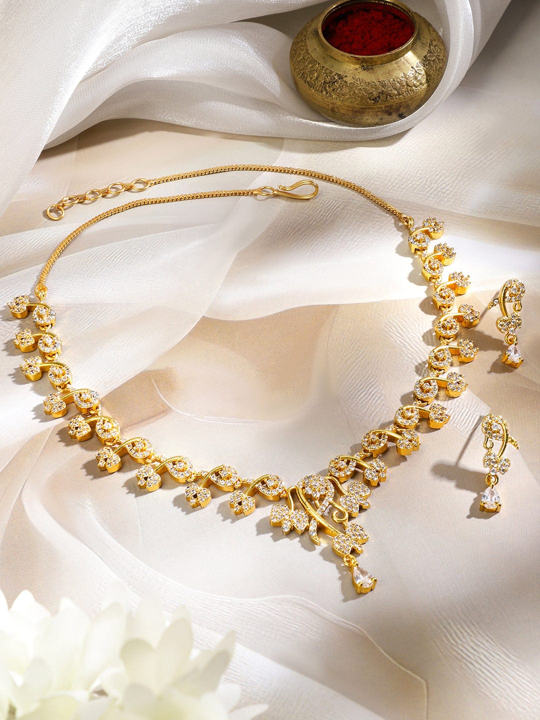 Rubans 18K Gold-Plated White Cubic Zirconia Studded Floral Vine Necklace Set