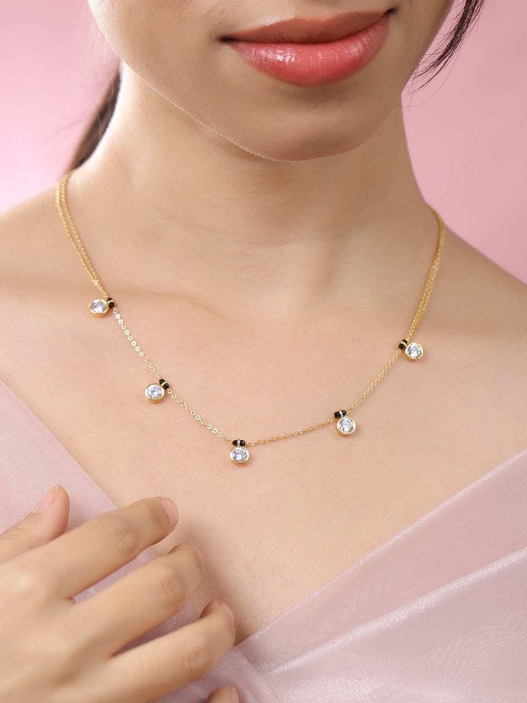 Rubans 18K Gold-Plated White Cubic Zirconia Studded Minimal Mangalsutra Necklace with Black Beaded Chain