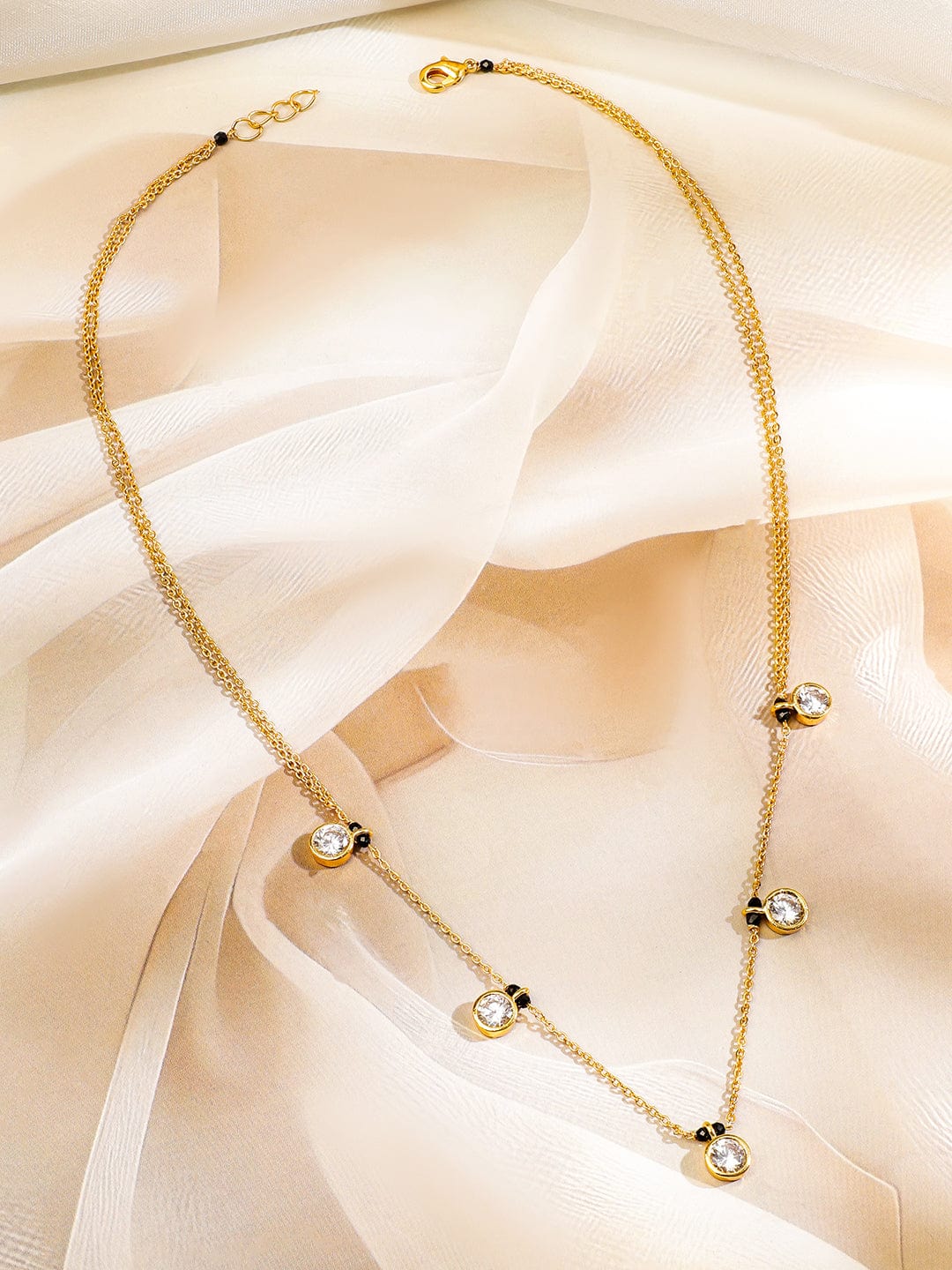 Rubans 18K Gold-Plated White Cubic Zirconia Studded Minimal Mangalsutra Necklace with Black Beaded Chain