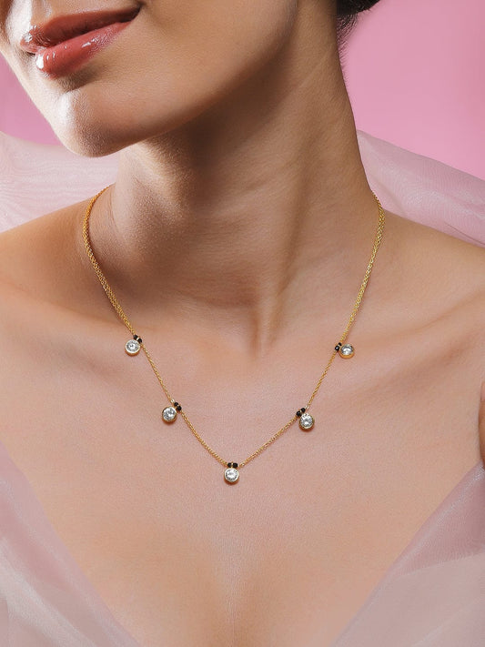 Rubans 18K Gold-Plated White Cubic Zirconia Studded Minimal Mangalsutra Necklace with Black Beaded Chain