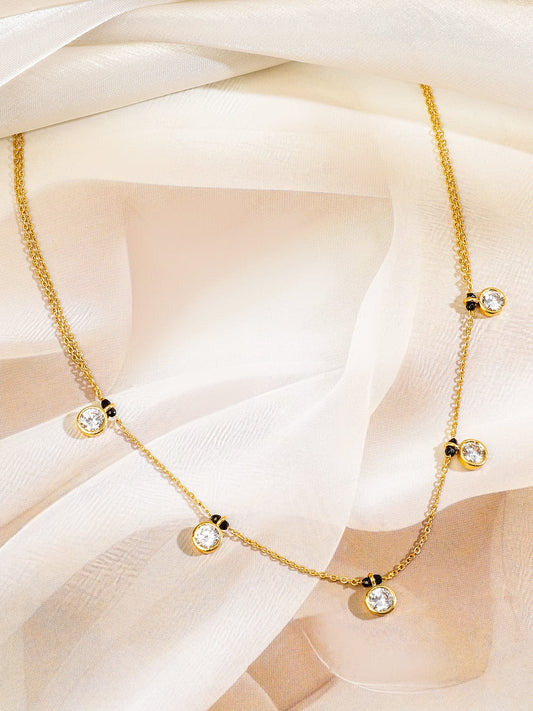 Rubans 18K Gold-Plated White Cubic Zirconia Studded Minimal Mangalsutra Necklace with Black Beaded Chain