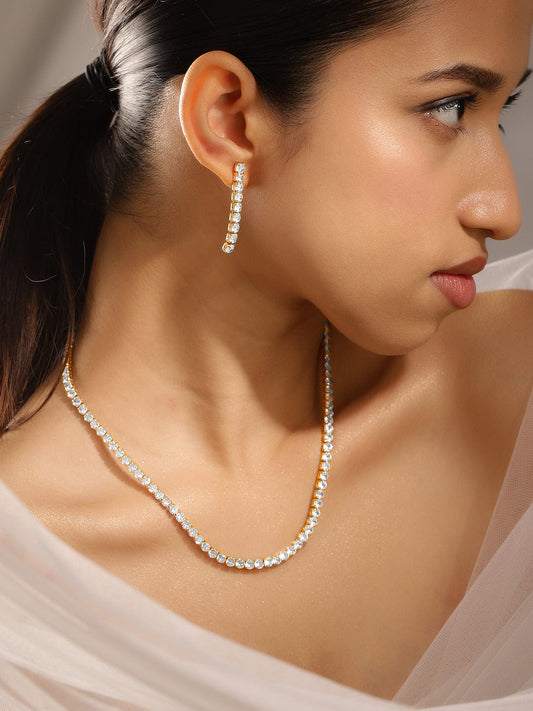 Rubans 18K Gold Plated White Cubic Zirconia Tennis Necklace & Earrings Set